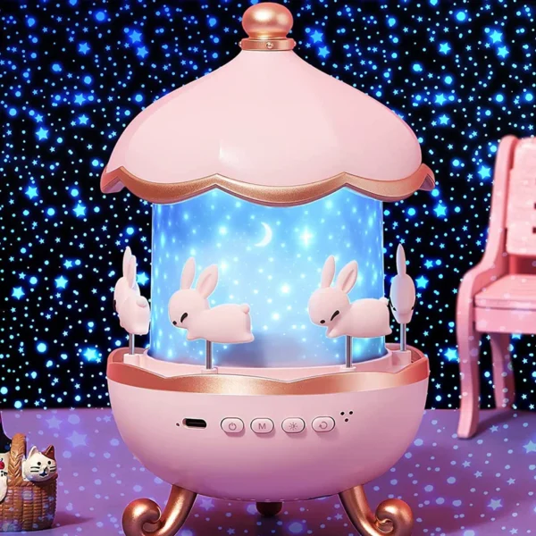 Bunny’s Carousel Rotating LED Night Light Projector with Music – Rechargeable Starry Sky Projection Lamp for Kids, Baby Room & Bedroom Decor