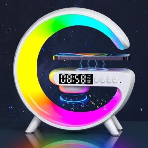 Smart Alarm Clock with G-Shape RGB Light Bluetooth Speaker, Wireless Charging for Bedroom, Living Room, and Game Room (1 Pc)
